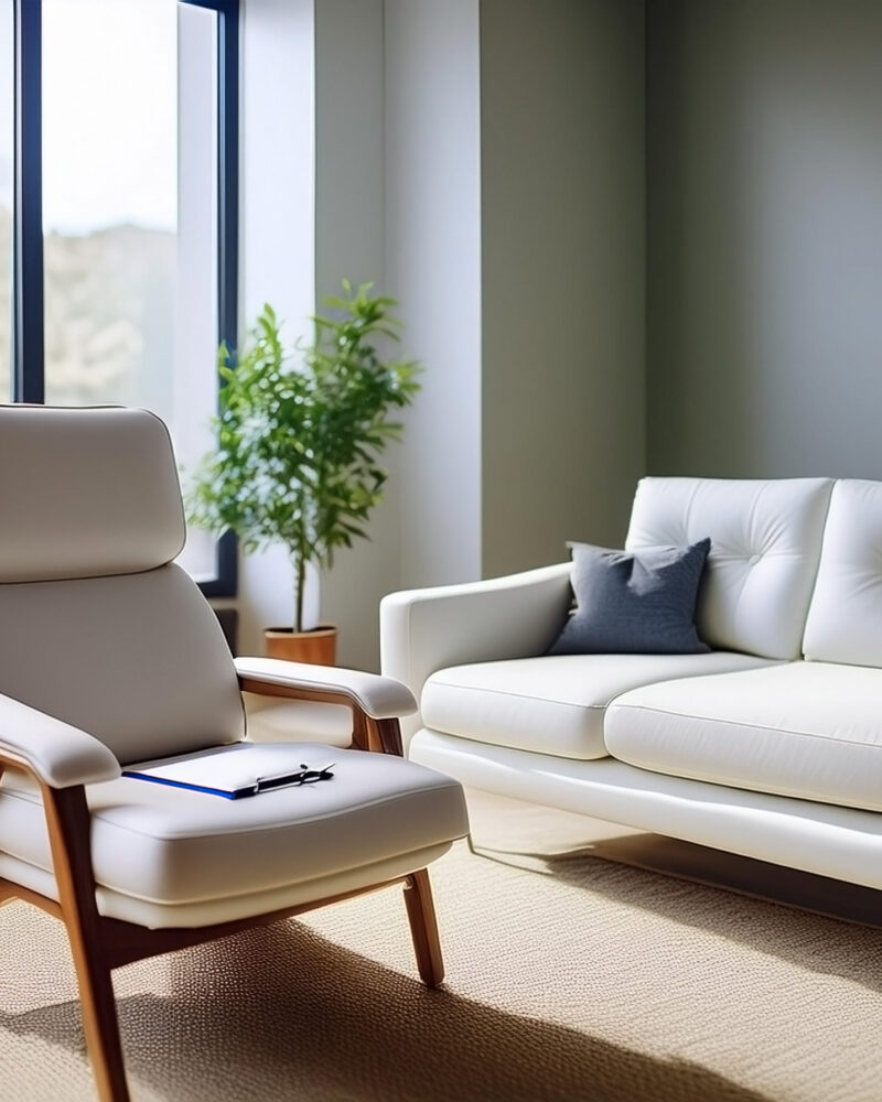 Therapist and Patient Session - empty therapist chair and a couch in a well-lit, cozy office, with a clipboard and pen